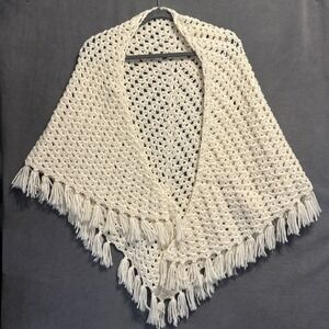 VTG Knit Crochet Fringe Shawl One Size Ivory Artisan Grannycore Boho Festival